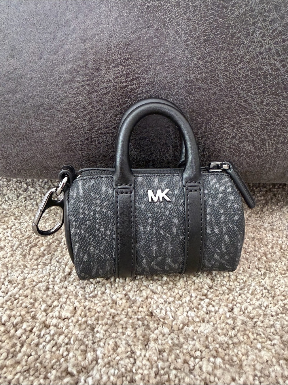 Michael Kors Micro Duffle Bag Keyfob Charm Black Signature MK Silver Hardware